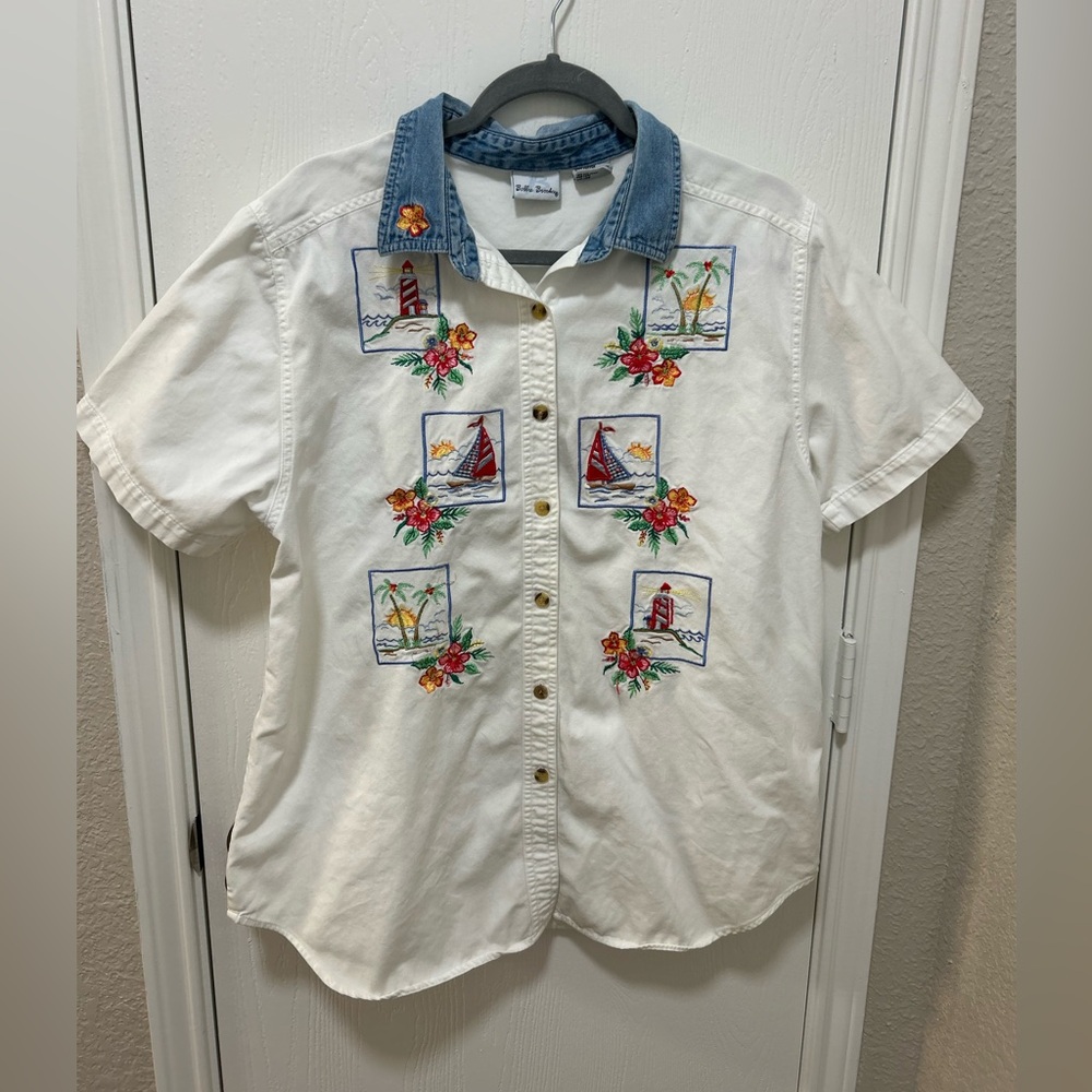 Bobbie Brooks Vintage Tropical Hawaiian Embroidered Button Up Size L 100% cotton